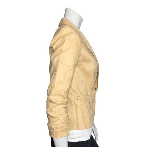 GIBSON Single Button Wheat Linen Blazer with Ruched Sleeves - Picture 2 of 8